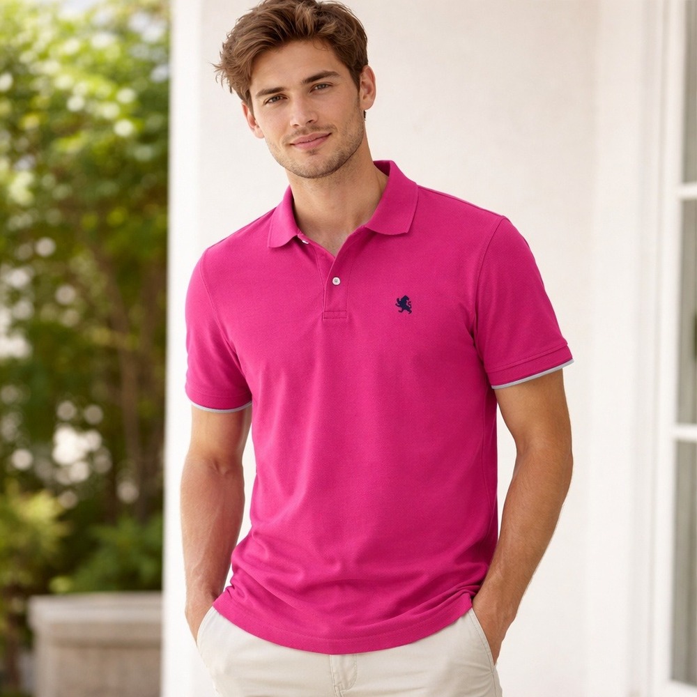 Express‎ Polo Shirt Men L Pink Short Sleeve Lion Embroidered Logo Preppy Golf